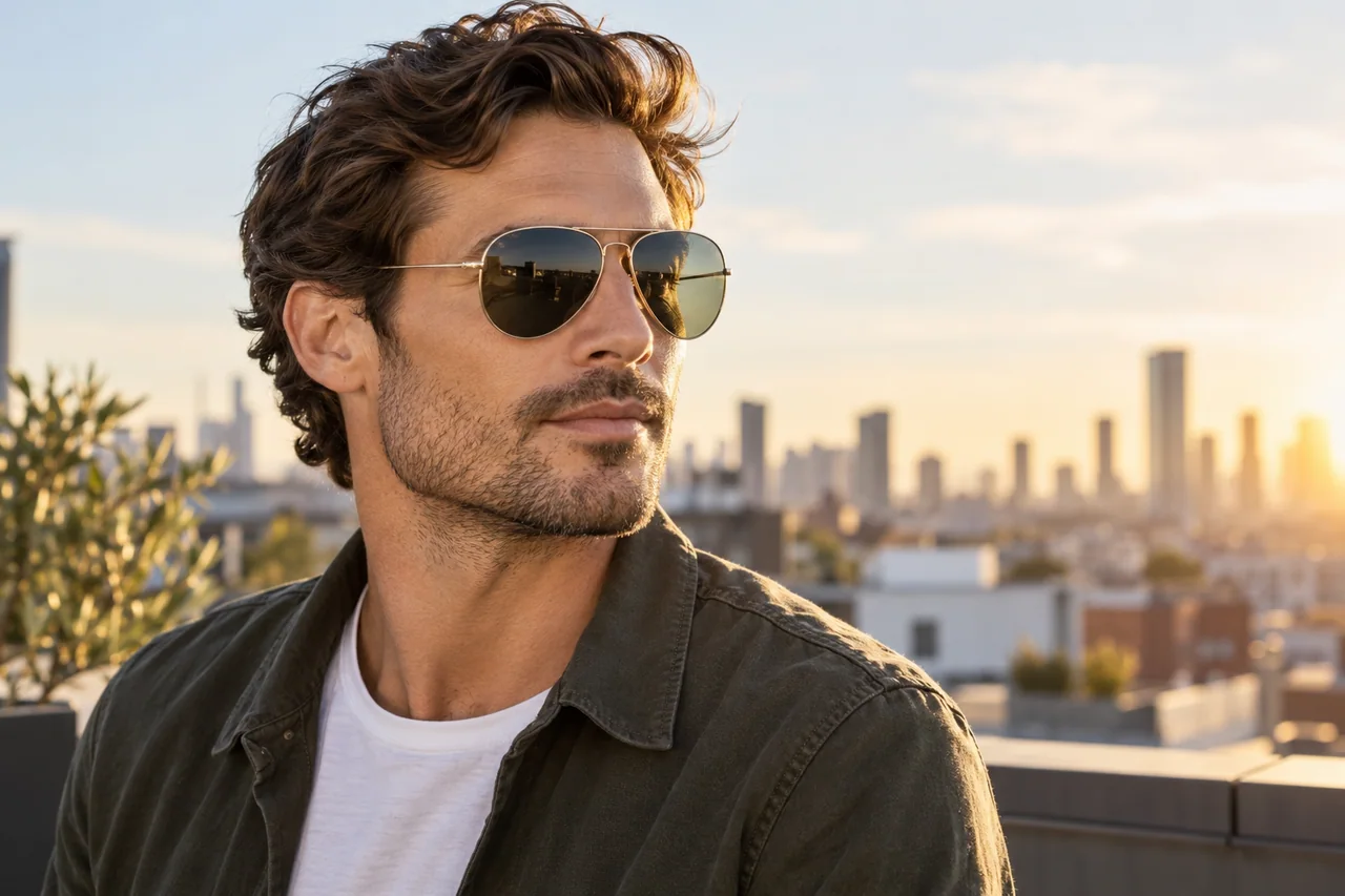 Editorial lifestyle illustration: an adult wearing metal aviator sunglasses on a rooftop