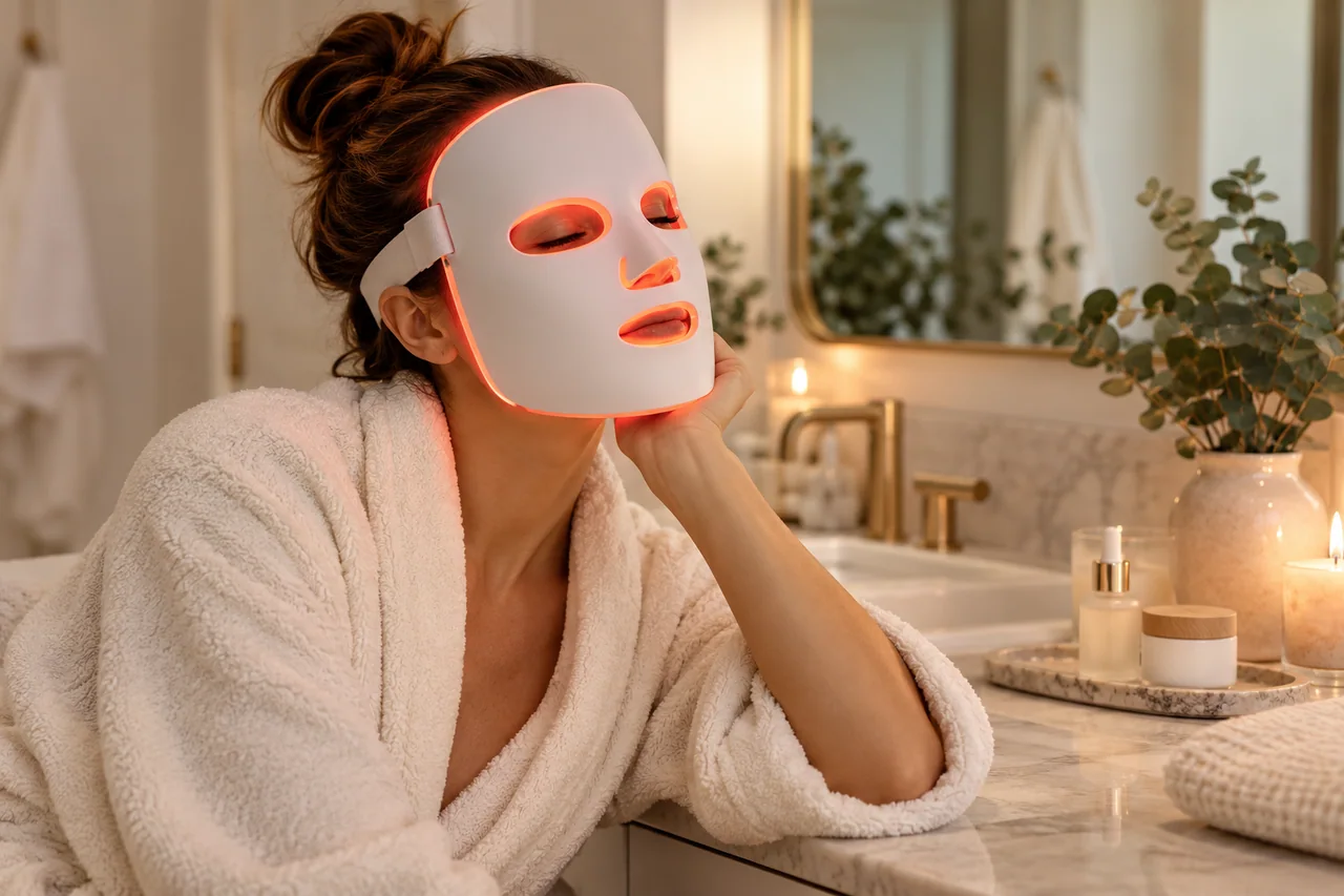 Editorial lifestyle illustration: an adult using a generic LED skincare mask at home