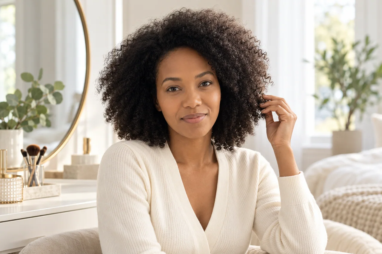 Editorial lifestyle illustration: the PowderedPurple character wearing natural-looking curly black hair at home