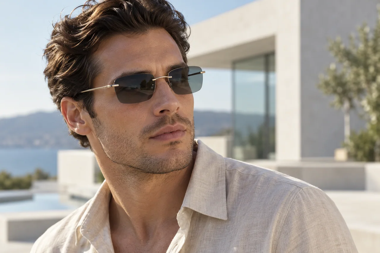 Editorial lifestyle illustration: an adult wearing rimless sunglasses near modern architecture