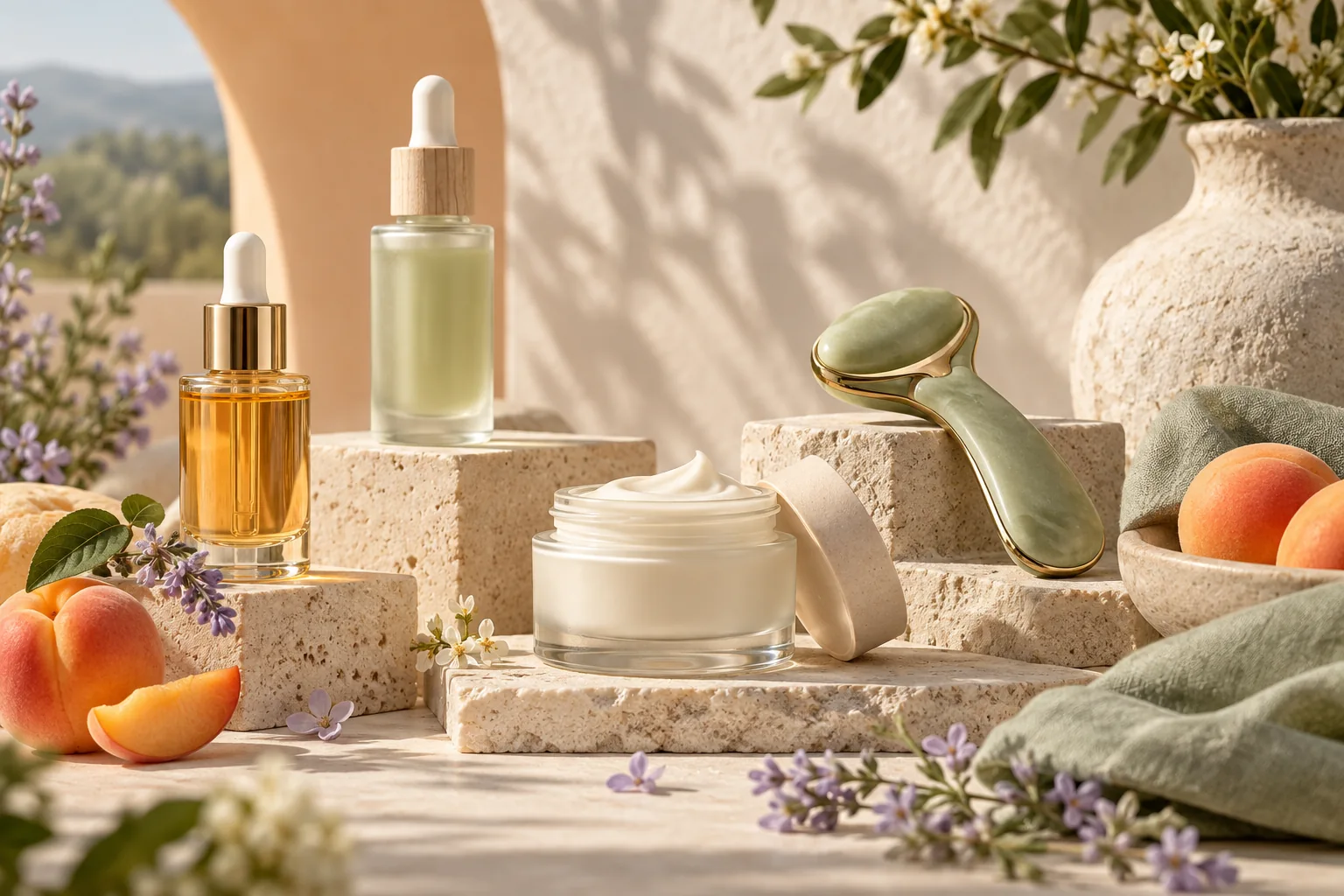 Editorial still life of skincare products in warm, natural colours