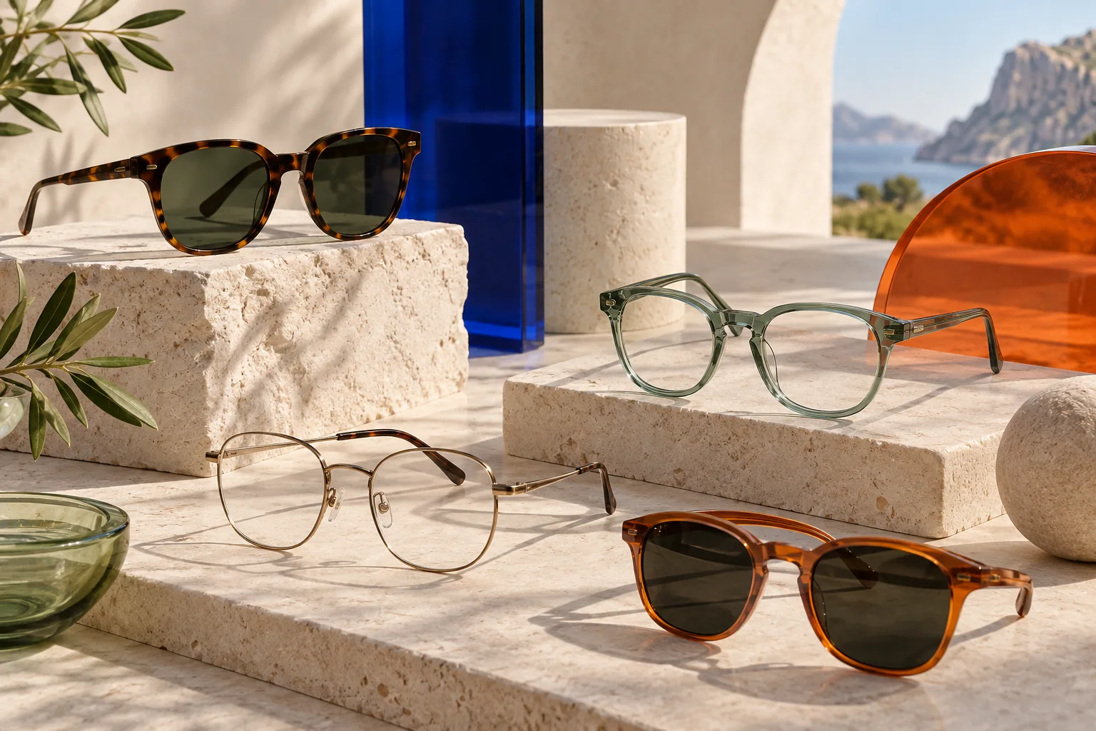 Editorial still life of eyewear in warm stone, cobalt and amber tones
