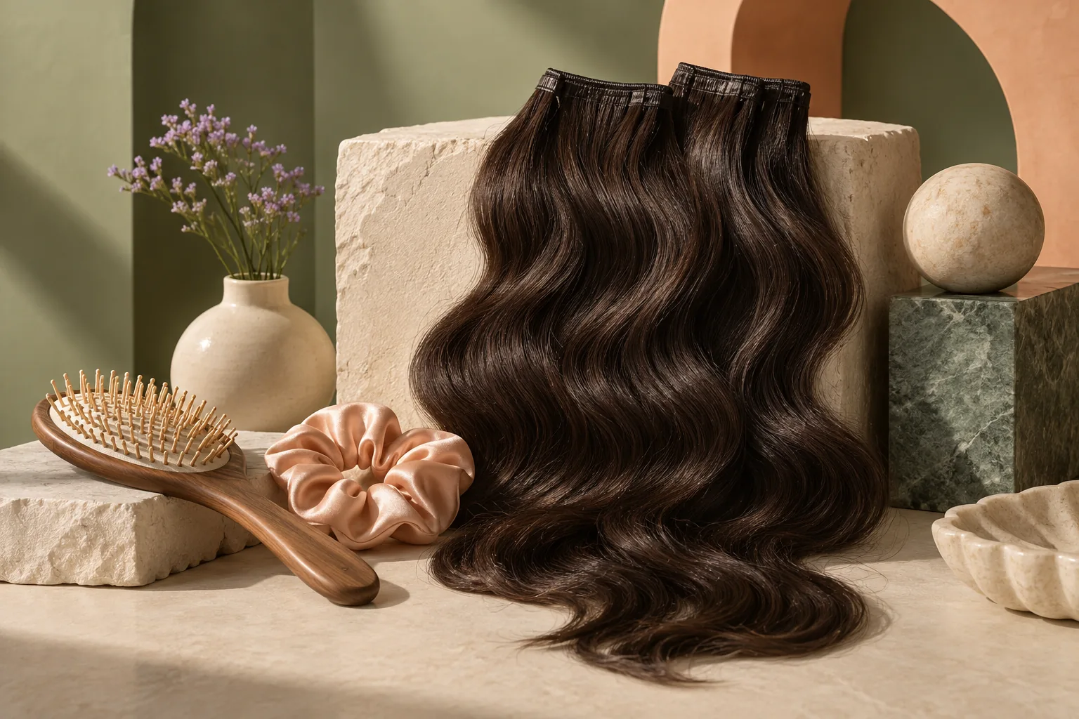 Editorial still life of wavy hair extensions