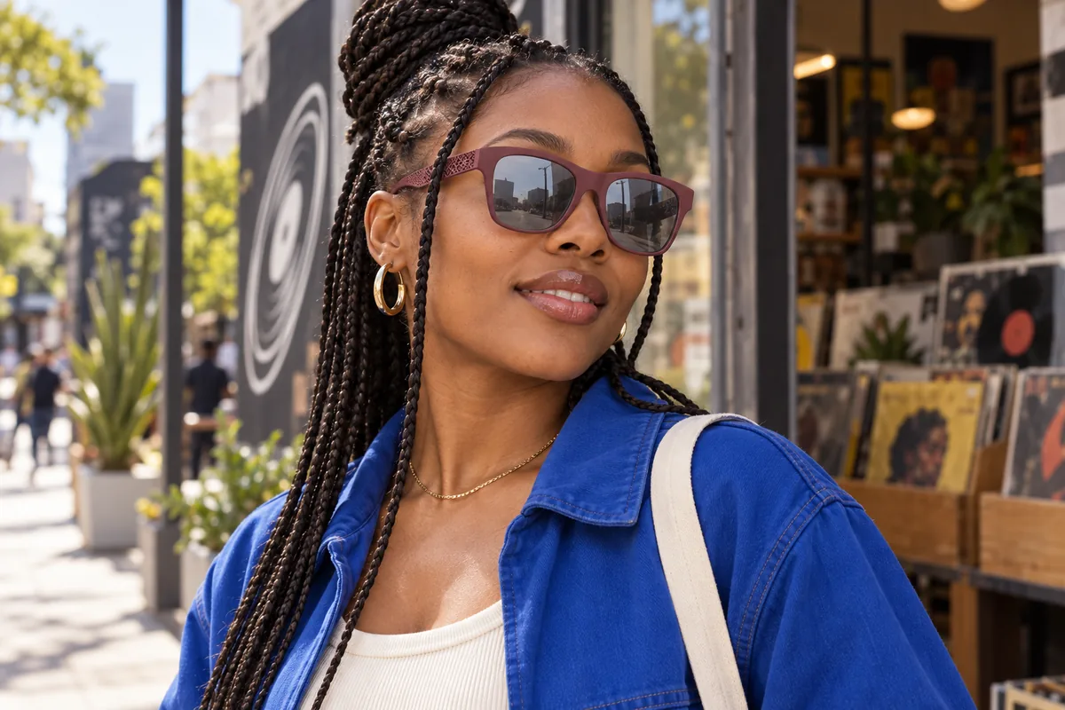 Editorial lifestyle illustration of an adult using Adidas Originals 01969 057.000 in a sunny Johannesburg creative district, pausing outside a record shop before meeting friends
