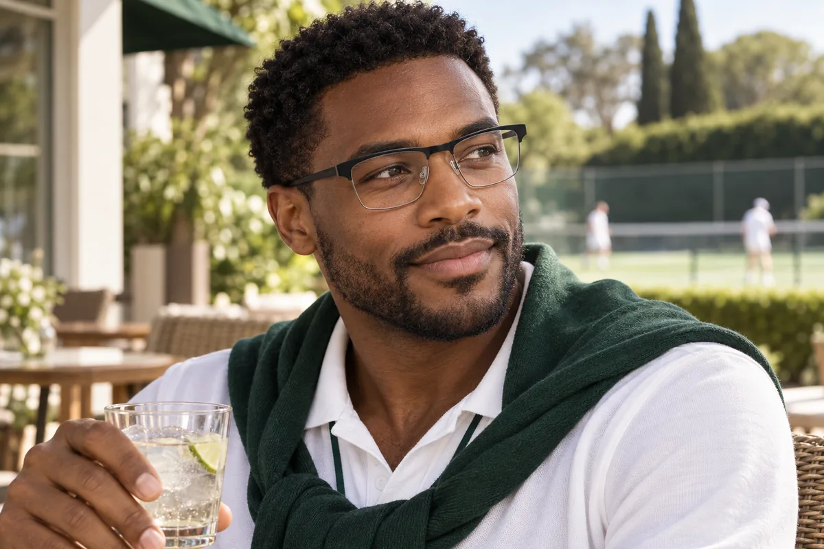 Editorial lifestyle illustration of an adult using Lacoste L2198 001 in a garden clubhouse terrace after a casual tennis afternoon, enjoying a cold drink