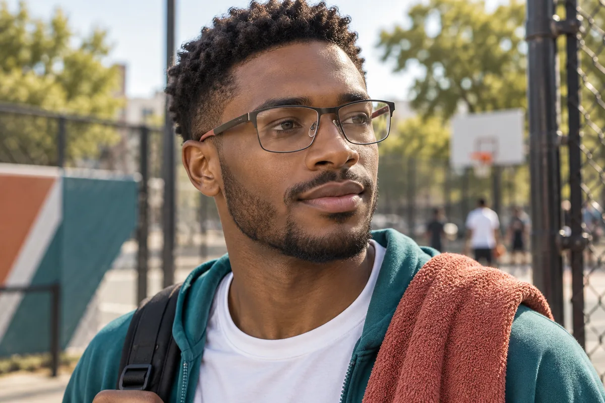 Editorial lifestyle illustration of an adult using Puma PE0027O 005 in a neighbourhood basketball-court entrance after a light casual practice, standing still