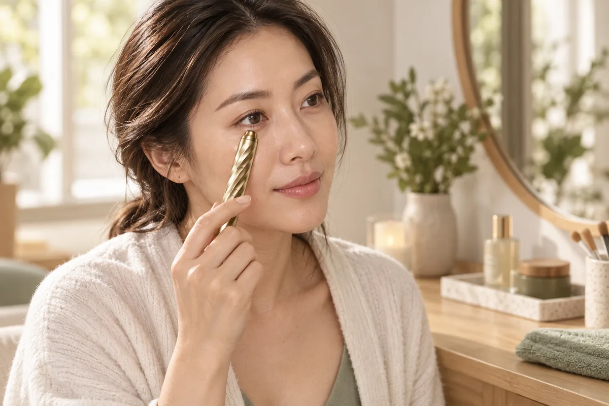 Editorial lifestyle illustration of an adult using WAU AI Eye Massager in a serene home vanity during a calm personal-care routine, actually holding and using the referenced device naturally