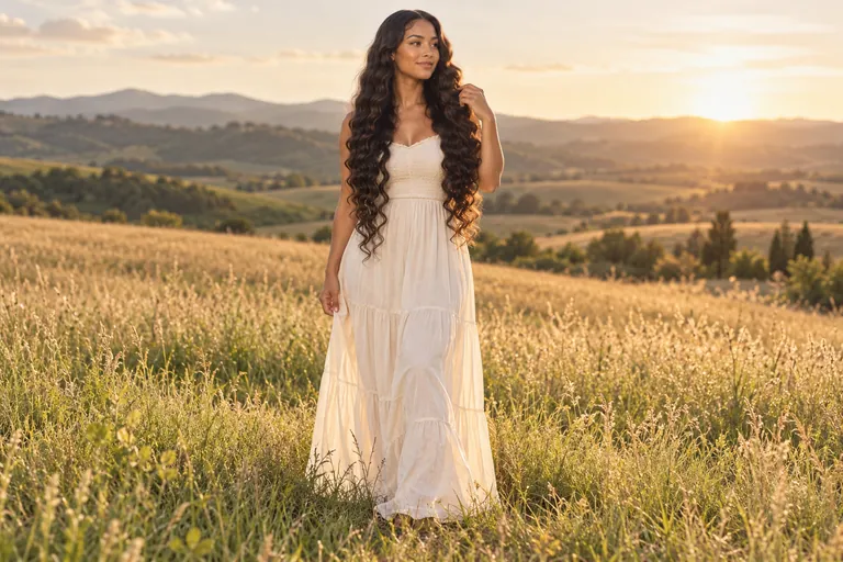Editorial illustration: a woman with very long deep-wave hair in a white dress standing in a golden hillside field at sunset