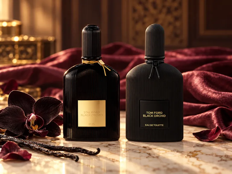 Editorial illustration: two black fragrance bottles side by side on marble with burgundy satin and dark orchids