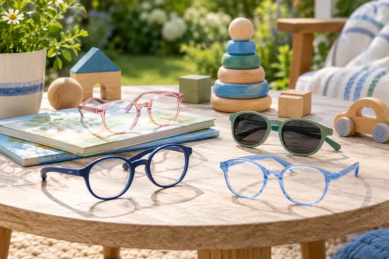 Editorial illustration: small colourful children's glasses and sunglasses arranged on a low round table with wooden toys and a picture book, no people