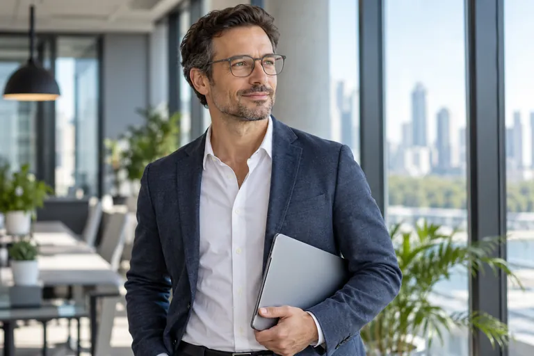 Editorial illustration: a man in round glasses and a navy jacket holding a laptop beside tall office windows