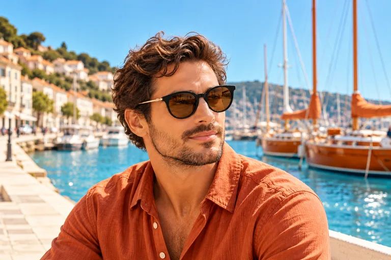 Editorial illustration: an adult man in black acetate sunglasses on a harbour promenade