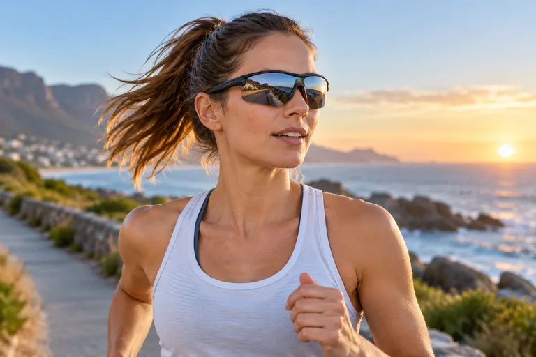 Editorial illustration: a woman in wraparound sport sunglasses running on a coastal path at sunrise