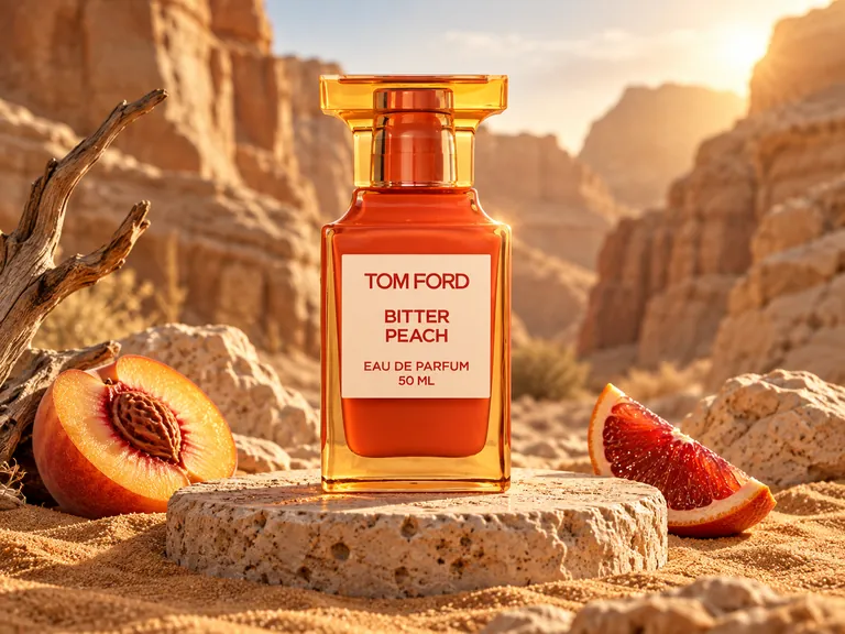 Editorial illustration: an amber-orange fragrance bottle on a stone plinth among desert rocks with halved peaches