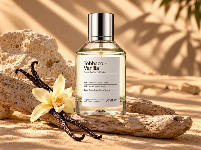 Editorial illustration: a clear fragrance bottle with a printed label on driftwood and sand beside vanilla pods and a cream flower