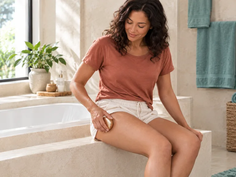 An adult using a gold WAU body massager against her outer thigh in a home bathroom
