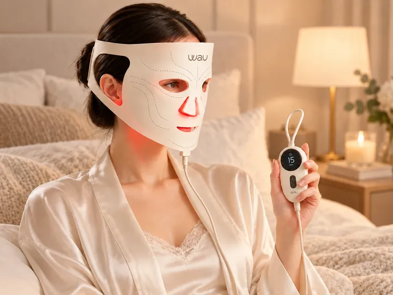 An adult wearing an ivory WAU LED face mask, holding its corded handheld controller, while sitting on a bed