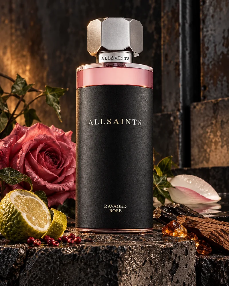 AI-generated still life of a black AllSaints Ravaged Rose eau de parfum bottle with a silver cap, beside a rose, citrus, peppercorns and amber.