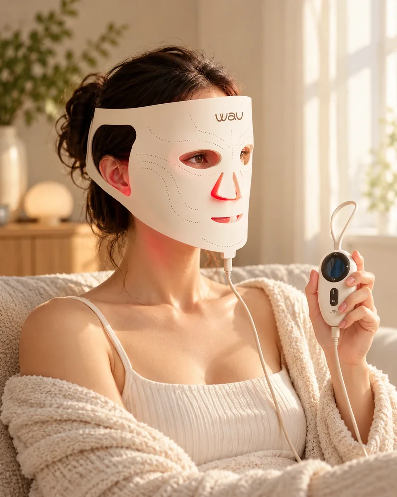 AI-generated image of a woman relaxing on a sofa wearing a white WAU LED face mask with red light, holding its handheld controller, illustrating the WAU LED Face Mask 2.0.