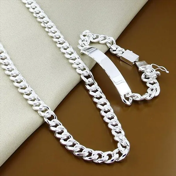 Classic Men Jewelry Set 925 Silver 10mm Hip Hop Chain Necklace Bracelet for Male