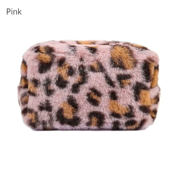 Large Capacity Leopard Print Plush Makeup Bag Cosmetic Storage Bag Zipper Toiletry Bag Wash Pouch…