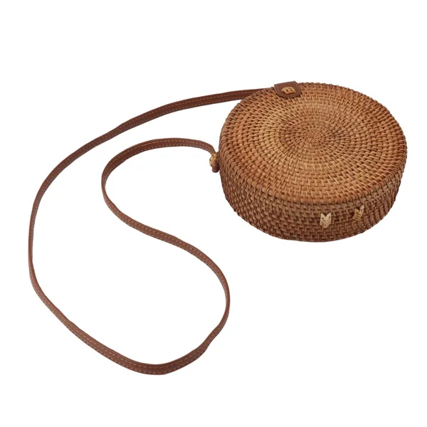 Handwoven Round Rattan Bag Tropical Beach Style Woven Shoulder Rattan Bag with Leather Strap 20cm