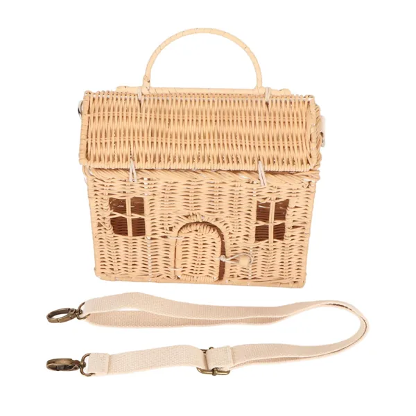 Handwoven Rattan Bag House Shape Portable Handle Adjustable Strap Rattan Shoulder Bag for Beach