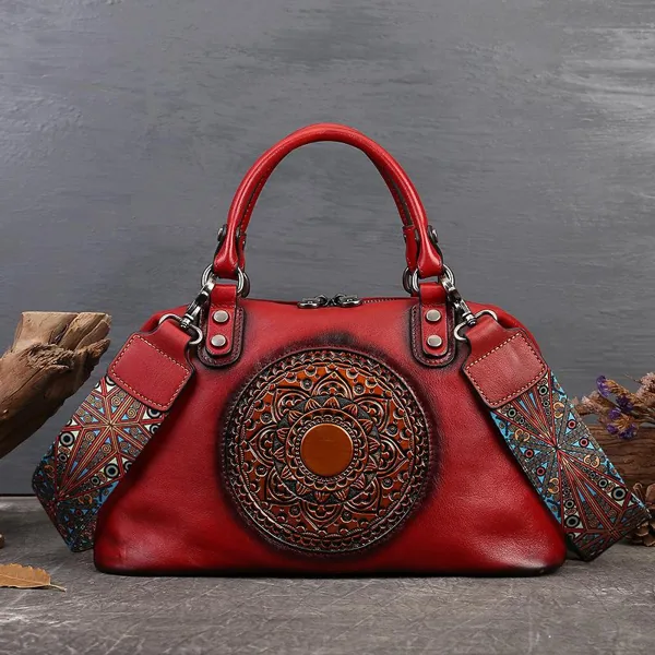 Handmade Retro Totem Women Handbag Genuine Leather Versatile Casual Tote Real Soft Cowhide Shoulder…