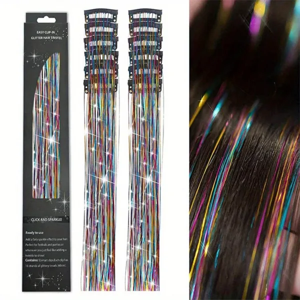 12pcs/set Shiny Threads Glitter Hair Tinsel Kit Multicolor Silk Hair Glitter String Extensions…
