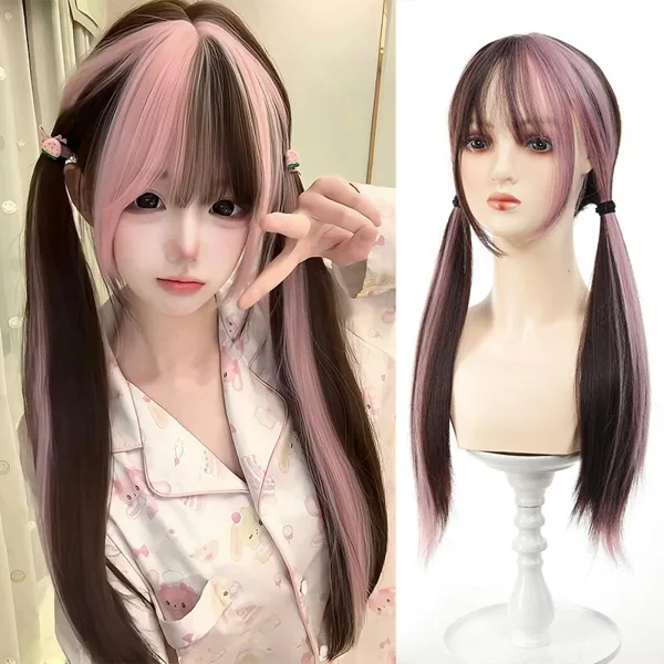Japanese-style twin ponytail black and pink highlighted full-head wig One size fits all adults…