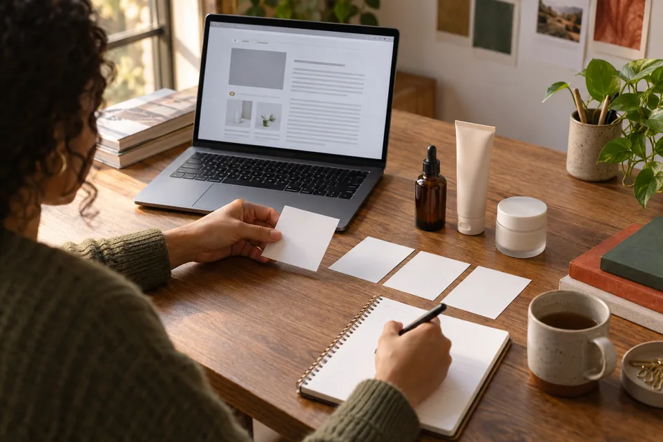 Editorial illustration: A thoughtful editorial research desk with a laptop showing abstract article-layout blocks, three generic beauty products, blank comparison cards and a notebook, an adult editor's hands arranging evidence notes