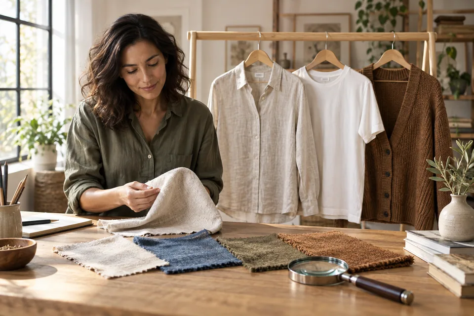 Editorial illustration: An airy wardrobe studio with linen shirt, cotton T-shirt and wool cardigan on simple wooden hangers; three fabric swatches and a seam-detail magnifier on the foreground table