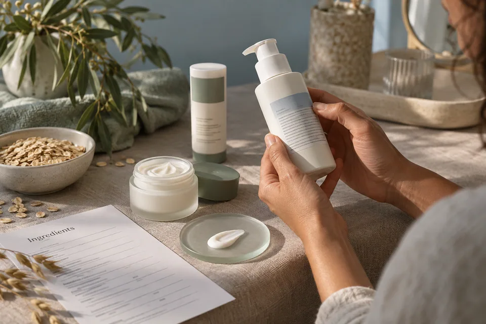 Editorial illustration: Cream skincare jar, a pump moisturiser and a small cosmetic cream dab on frosted glass, next to a generic ingredient sheet and oats on an oat-coloured linen vanity