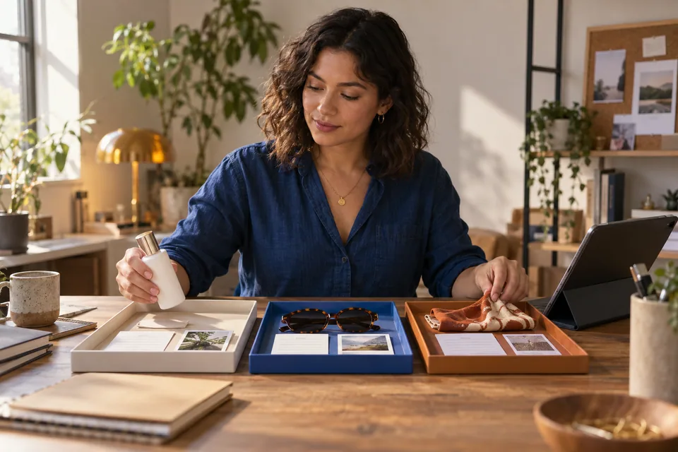 Editorial illustration: A fictional adult creator at a studio desk sorting a skincare bottle, a pair of sunglasses and a fabric accessory into three distinct review areas with separate evidence and disclosure note cards