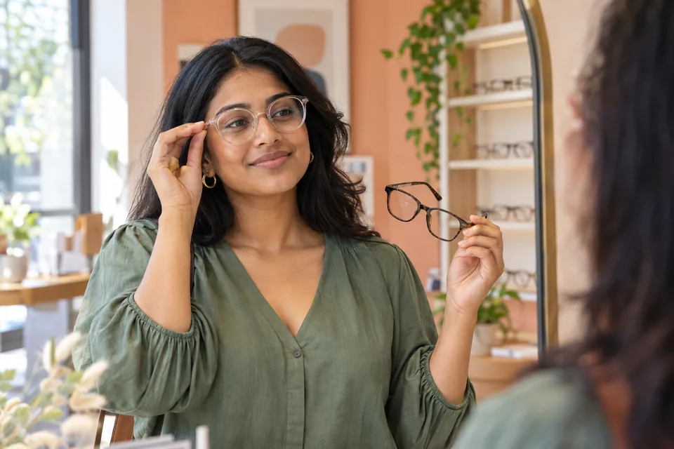 Editorial illustration: A fictional South Asian adult woman trying soft rounded clear acetate frames at a stylish optical store, holding a second more angular pair in one hand and smiling toward a mirror