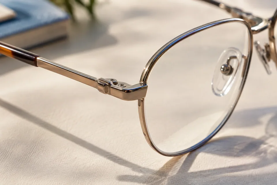 Editorial illustration: A macro photograph of real-looking thin metal eyeglass frame hinge, temple arm, clear lens edge and adjustable nose pad all visible on warm ivory background