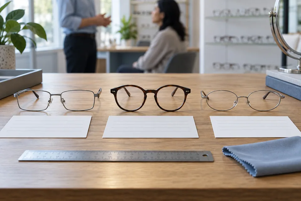 Editorial illustration: A clean optician-style comparison table with three different clear-lens frames, separated blank specification cards, a metal metric ruler and folded lens cloth