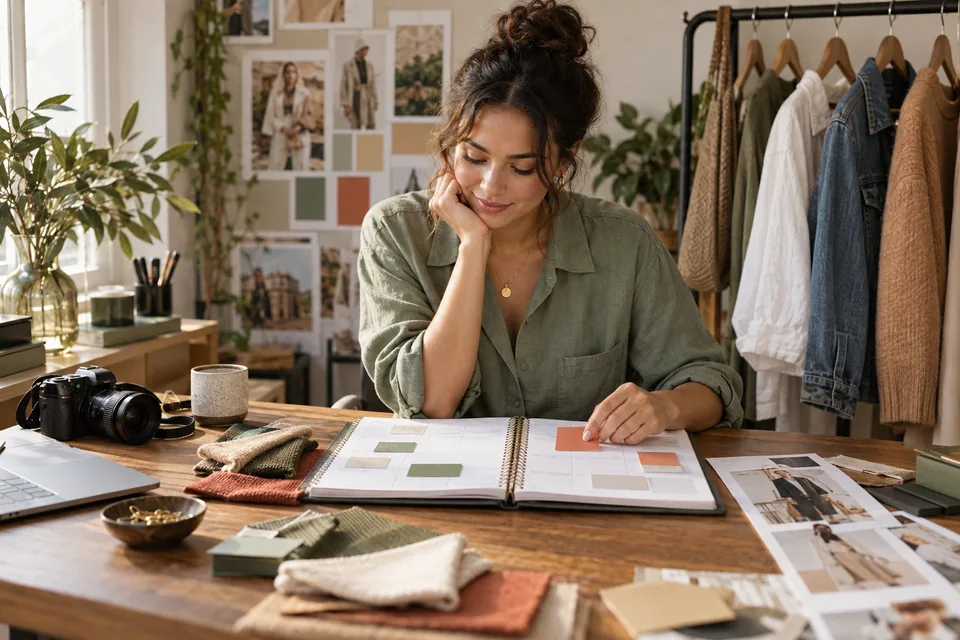 Editorial illustration: A fashion creator planning seasonal outfits at a wooden desk beside a clothing rack: linen shirt, denim jacket and camel knit; an open planner with a grid of blank date boxes and small colour-coded cards, fabric swatches and a camera