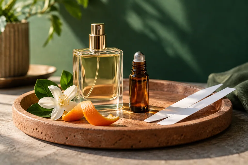 Editorial illustration: Two different unbranded fragrance formats: a refined glass spray atomiser and a small amber roll-on perfume oil bottle, beside scent blotter strips on a terracotta stone tray with one orange peel and a jasmine flower