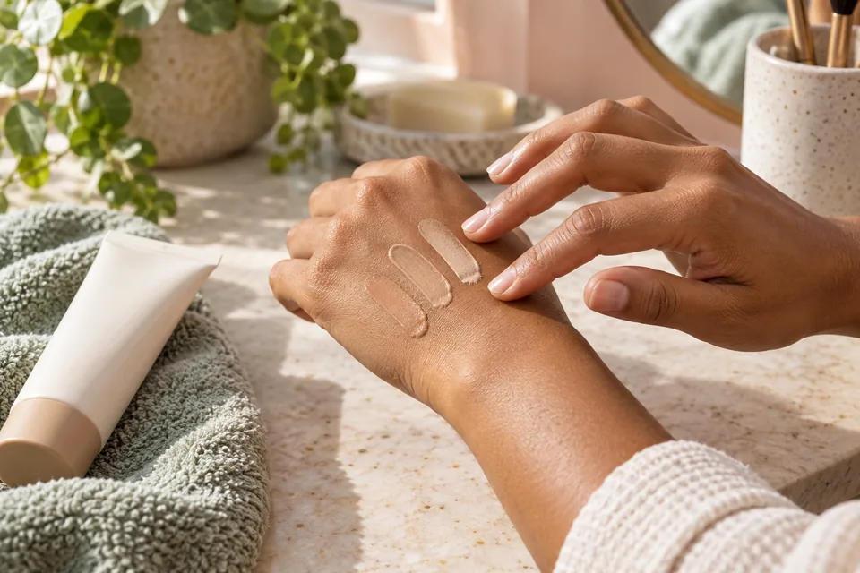 Editorial illustration: A warm medium-brown adult hand comparing three small natural skin-tone tinted sunscreen swatches on the back of the other hand; unbranded cream tube and cotton towel on a bathroom vanity
