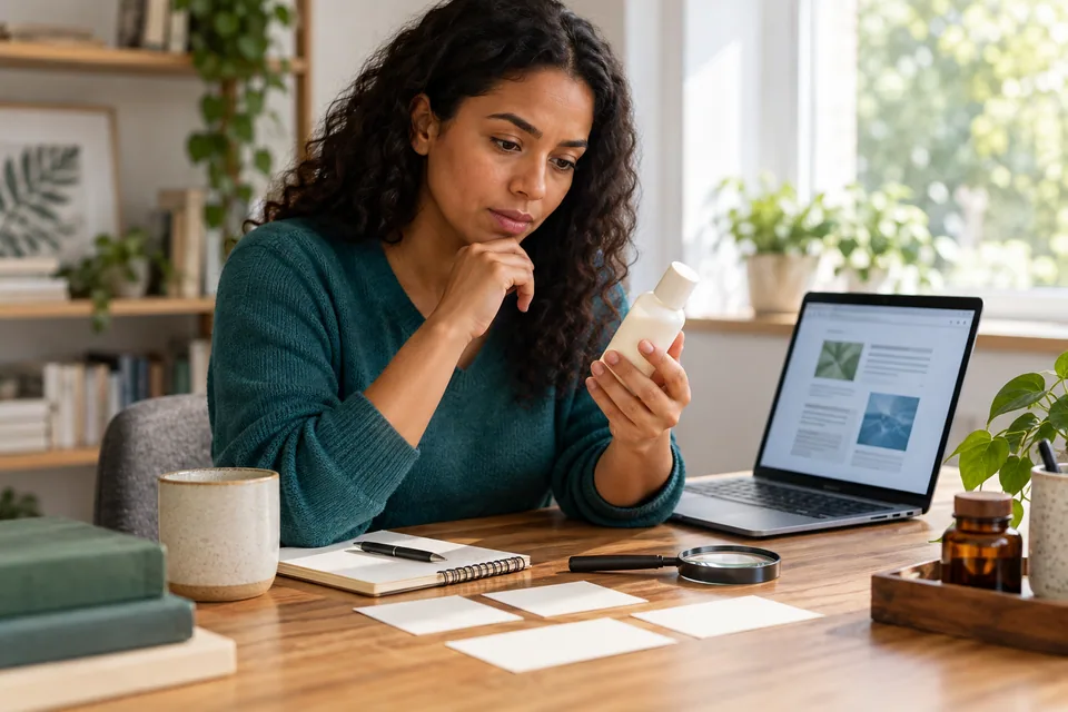 Editorial illustration: A consumer research desk showing a woman checking an unbranded skincare bottle alongside a laptop with abstract source-page blocks, magnifying glass and orderly blank evidence cards