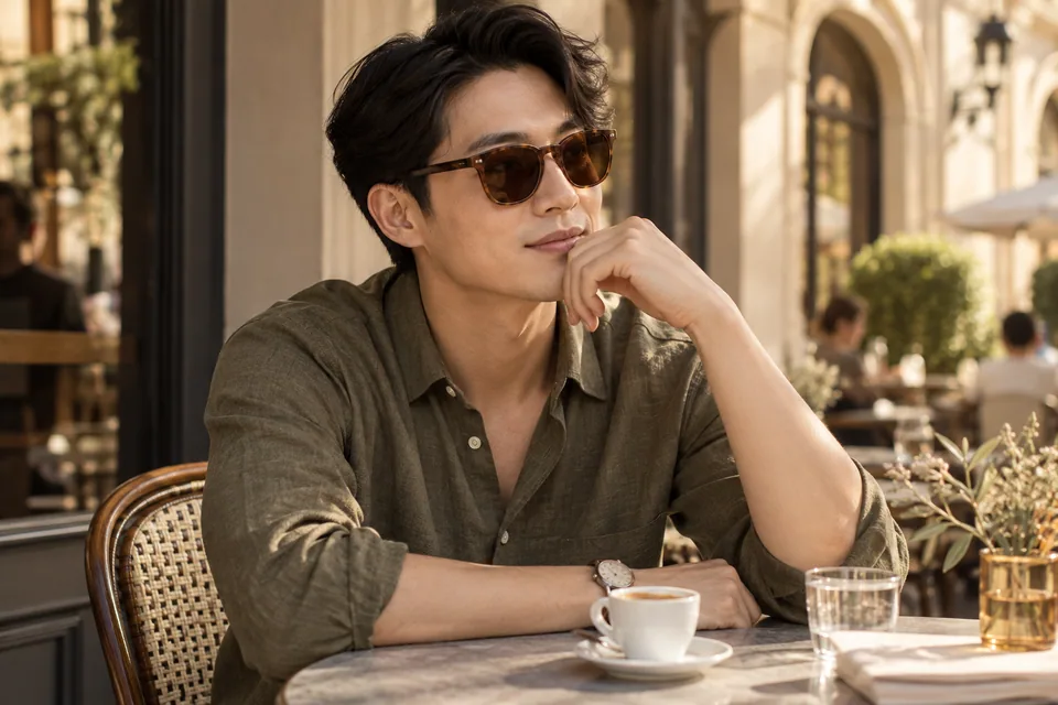 Editorial illustration: A fictional East Asian adult man wearing warm brown tortoiseshell sunglasses at a cafe terrace, with espresso cup in foreground, brown lens tone and acetate texture clearly visible