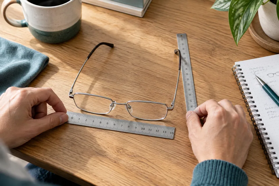 Editorial illustration: Top-down optical frame measurement desk: one thin silver rectangular eyeglass frame lying open alongside a metric ruler aligned with one lens, a second ruler adjacent to its temple, and a notebook with abstract small unreadable marks
