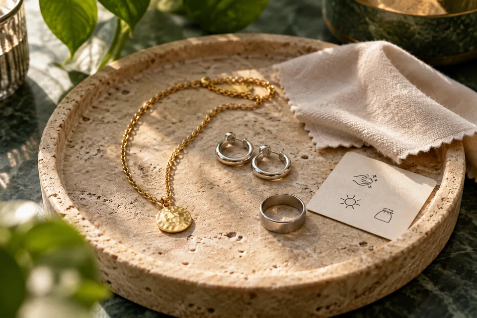 Editorial illustration: Gold-tone necklace, silver-tone hoop earrings and a steel ring placed separately on a stone tray with a soft polishing cloth and tiny generic care card