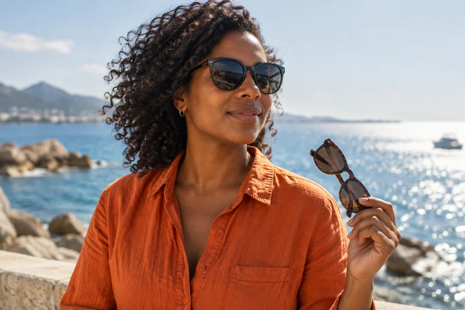Editorial illustration: A fictional Black adult woman wearing dark sunglasses at a bright waterfront, with reflected sunlight on water softly visible in background, holding another pair naturally by its temple