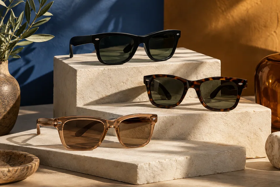Editorial illustration: A careful optical comparison still life of three generic trapezoid acetate sunglasses in black, tortoiseshell and translucent brown, different visible widths and temple thicknesses, arranged on cream sculptural steps
