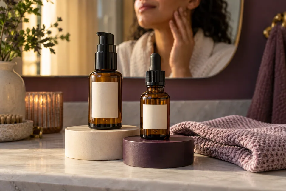 Editorial illustration: Two distinct amber glass cosmetic serum bottles, one pump and one dropper, sitting on matte cream and plum plinths with folded cotton cloth