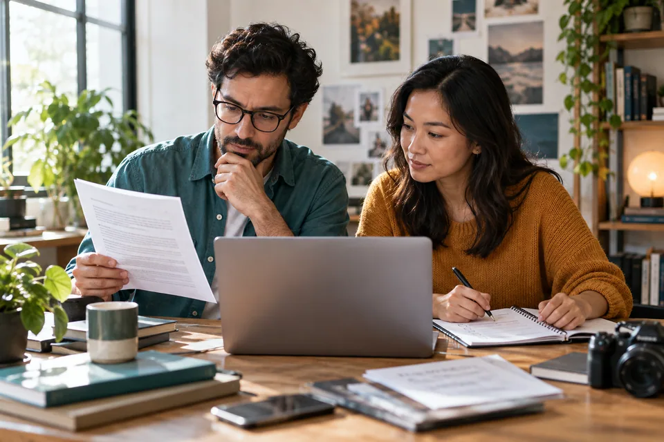 Editorial illustration: Two fictional adult editors collaborating at a clean workspace with laptop showing abstract draft blocks, one reviewing a source document and the other marking a checklist, small camera and generic product nearby