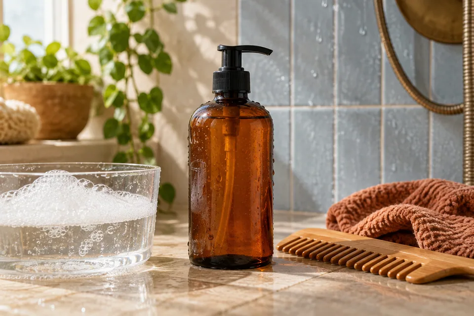 Editorial illustration: An amber shampoo pump, a clear water-filled vessel with modest foam, a comb and a washcloth beside a shower tile surface