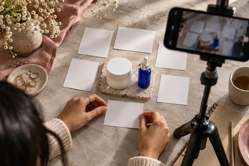Editorial illustration: A skincare creator's flat-lay storyboard desk with seven small blank photo cards arranged neatly around an unbranded moisturiser jar, dropper bottle and smartphone mounted above the scene